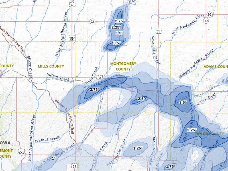 NEXRAD radar-signature map of the hail storm over Red Oak, IA on May 16, 2026