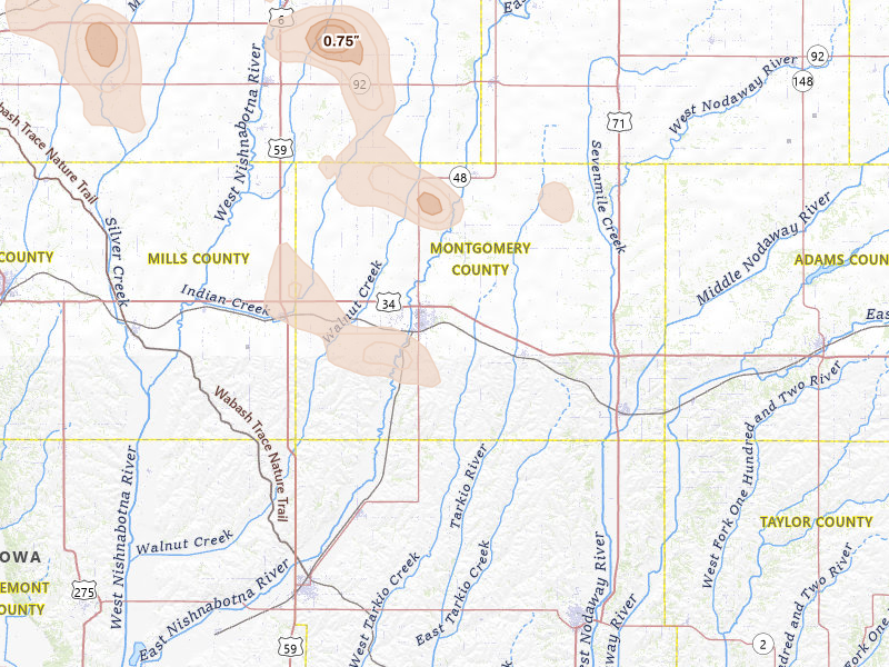 Radar-estimated hail-size map of the storm over Red Oak, IA on May 31, 2026