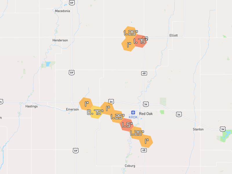 Hail map of Red Oak, IA on Jun 1, 2026, hail up to 1.75"