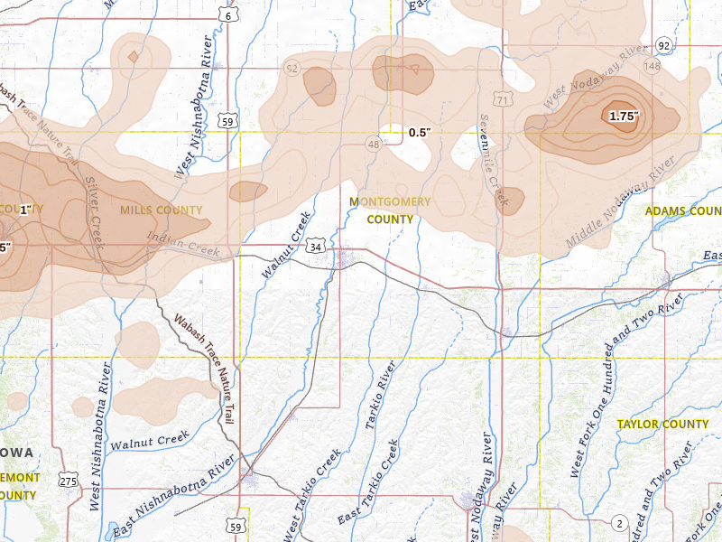 Radar-estimated hail-size map of the storm over Red Oak, IA on Jun 5, 2026