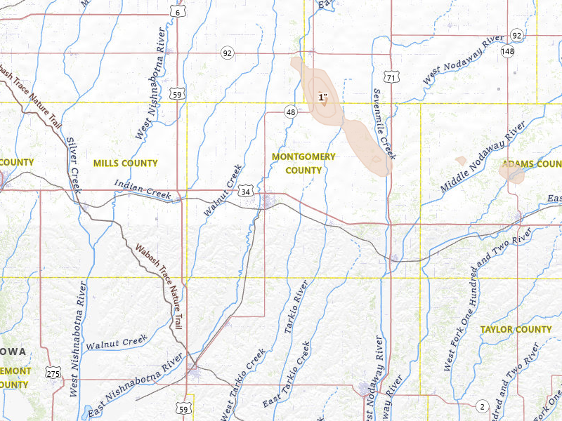 Radar-estimated hail-size map of the storm over Red Oak, IA on Jun 6, 2026