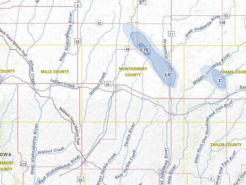 NEXRAD radar-signature map of the hail storm over Red Oak, IA on Jun 6, 2026