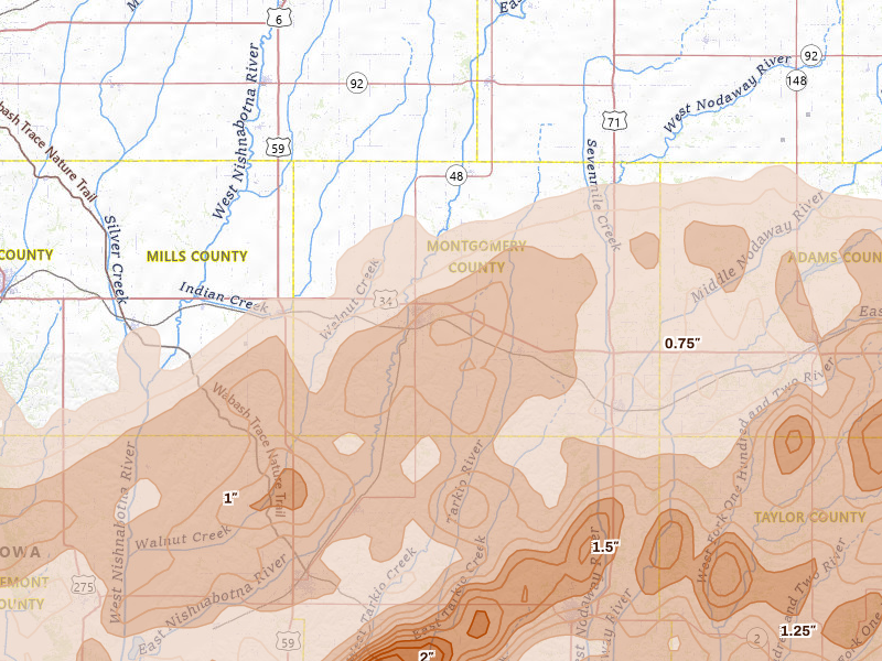 Radar-estimated hail-size map of the storm over Red Oak, IA on Jun 10, 2026