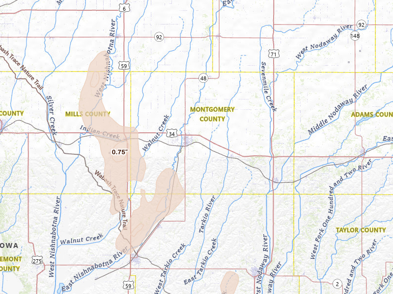 Radar-estimated hail-size map of the storm over Red Oak, IA on Jun 30, 2026