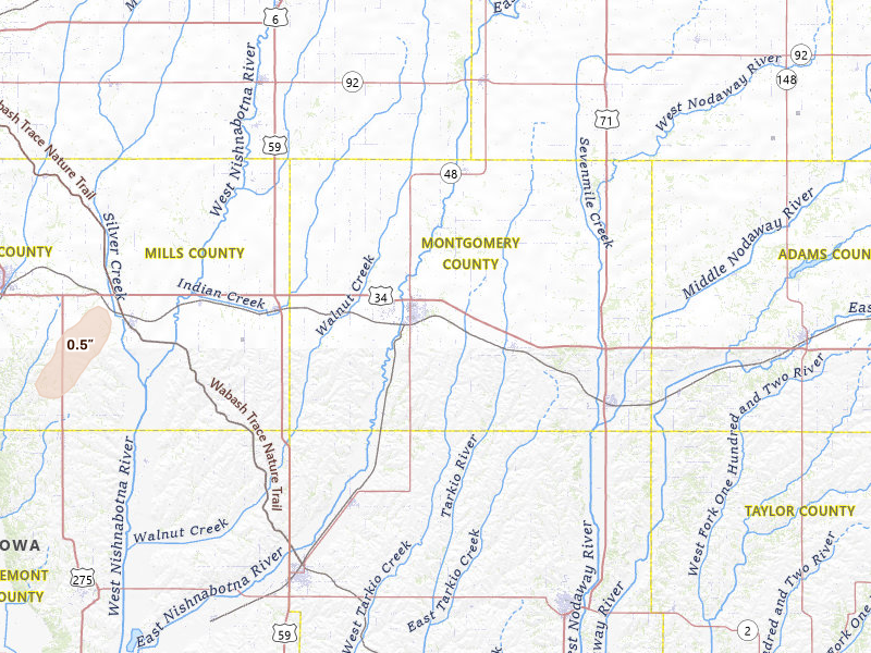 Radar-estimated hail-size map of the storm over Red Oak, IA on Jul 2, 2026