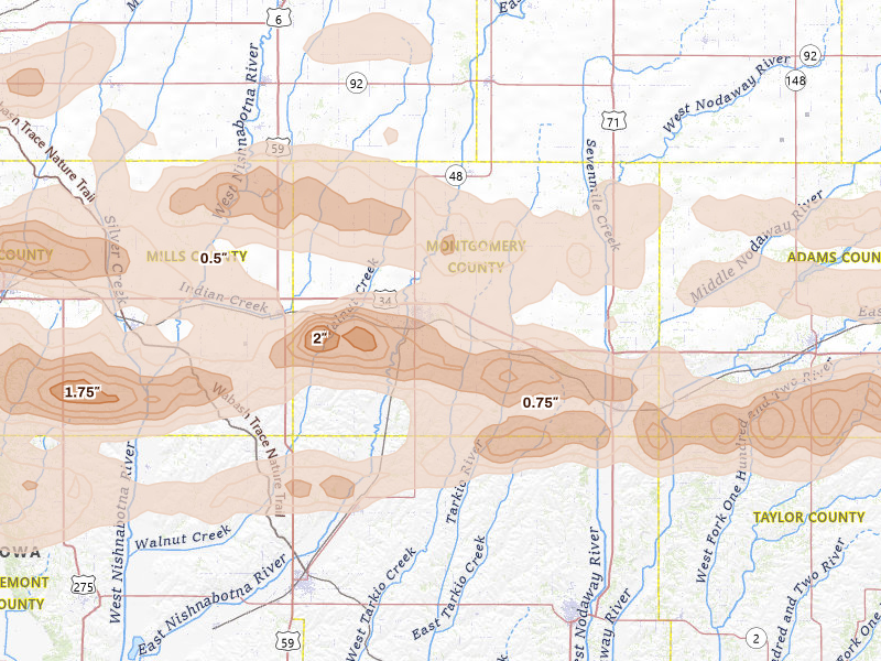 Radar-estimated hail-size map of the storm over Red Oak, IA on Aug 4, 2026