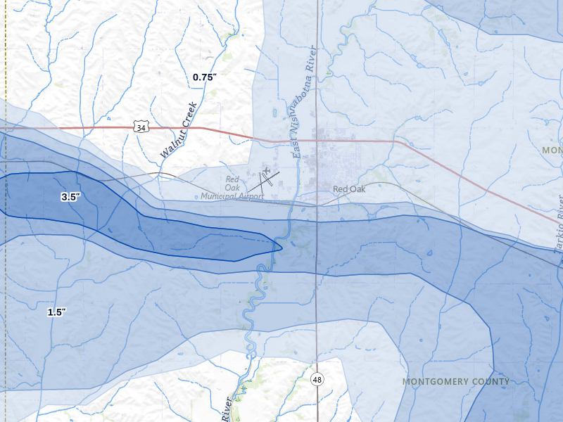 NEXRAD radar-signature map of the hail storm over Red Oak, IA on Aug 4, 2026