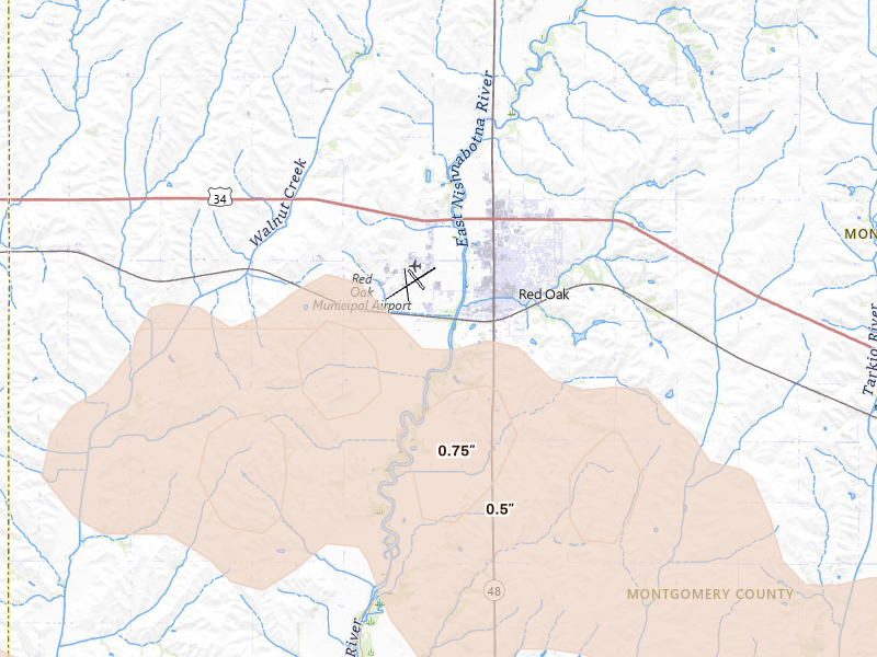 Radar-estimated hail-size map of the storm over Red Oak, IA on Aug 8, 2026