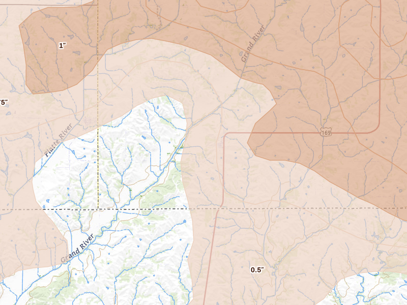 Radar-estimated hail-size map of the storm over Redding, IA on May 16, 2026