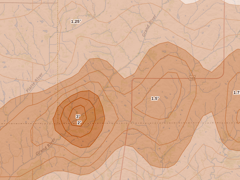 Radar-estimated hail-size map of the storm over Redding, IA on Jun 11, 2026