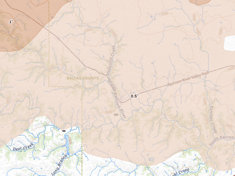 Radar-estimated hail-size map of the storm over Redfield, IA on Mar 30, 2026