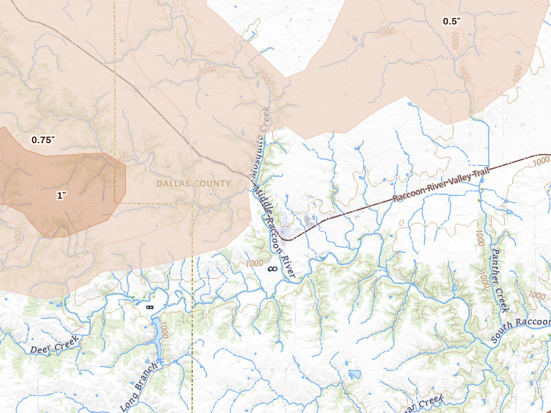 Radar-estimated hail-size map of the storm over Redfield, IA on May 15, 2026
