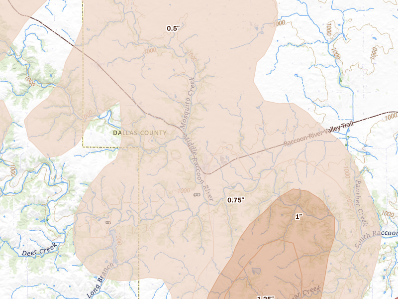 Radar-estimated hail-size map of the storm over Redfield, IA on Jul 3, 2026