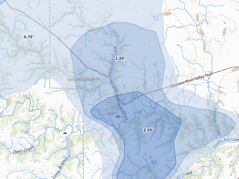 NEXRAD radar-signature map of the hail storm over Redfield, IA on Jul 3, 2026