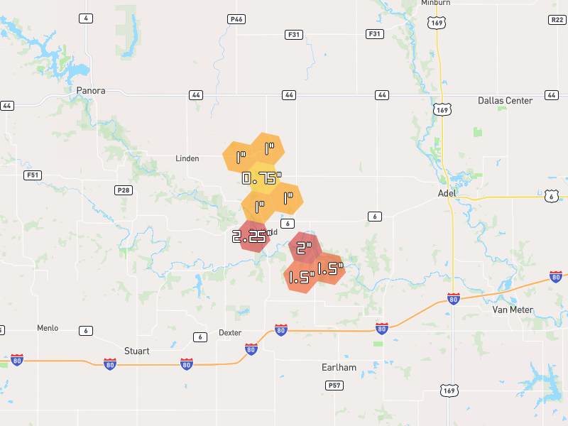 Hail map of Redfield, IA on Jul 4, 2026, hail up to 2.25"