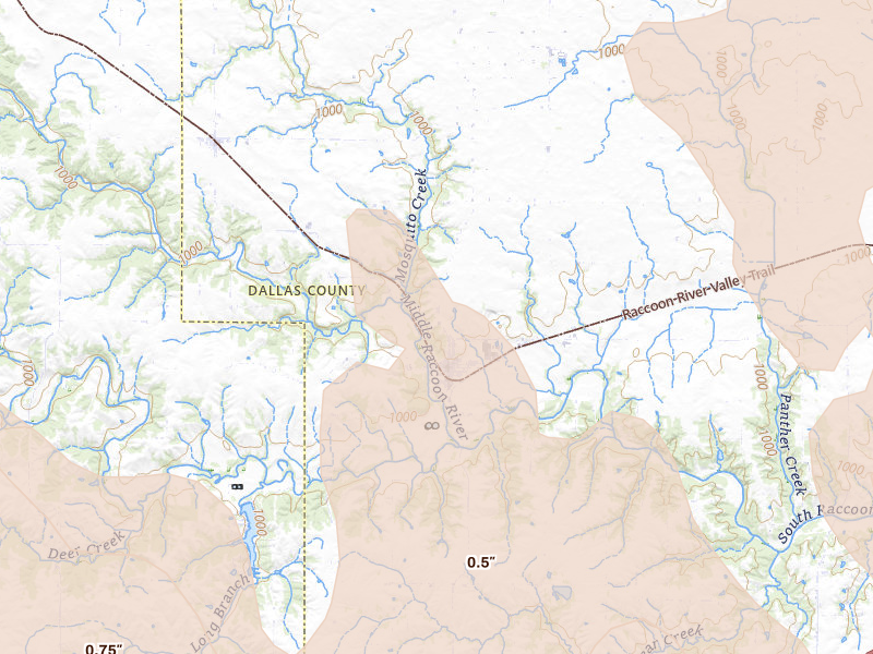 Radar-estimated hail-size map of the storm over Redfield, IA on Jul 20, 2026