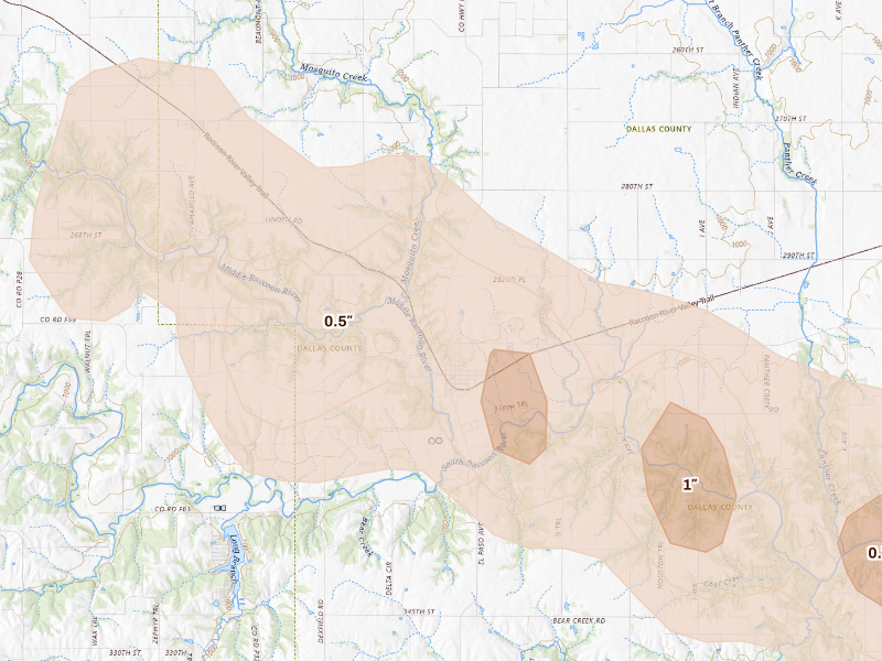 Radar-estimated hail-size map of the storm over Redfield, IA
