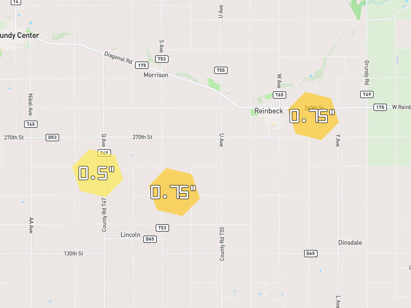 Hail map of Reinbeck, IA on Jun 28, 2026, hail up to 0.75"