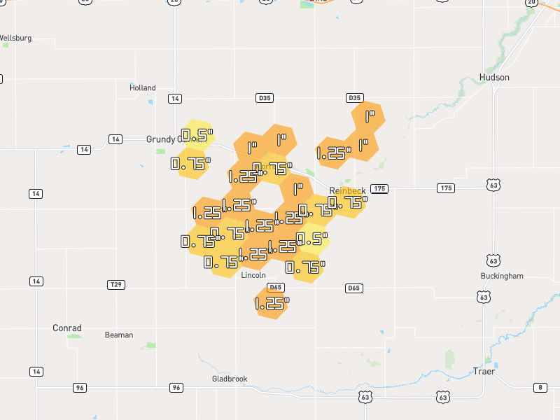 Hail map of Reinbeck, IA on Jul 2, 2026, hail up to 1.25"