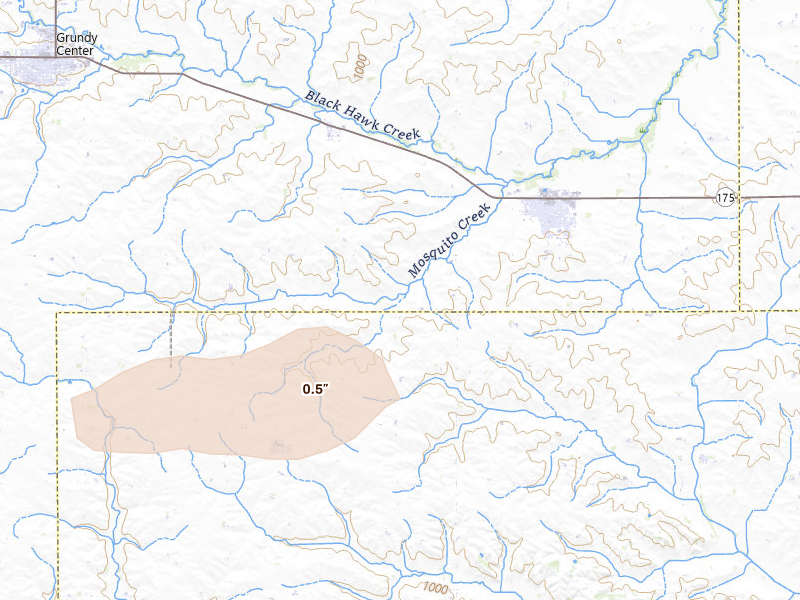 Radar-estimated hail-size map of the storm over Reinbeck, IA on Jul 3, 2026