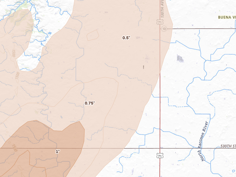 Radar-estimated hail-size map of the storm over Rembrandt, IA on Apr 23, 2026