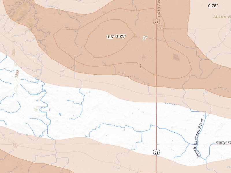 Radar-estimated hail-size map of the storm over Rembrandt, IA on May 15, 2026