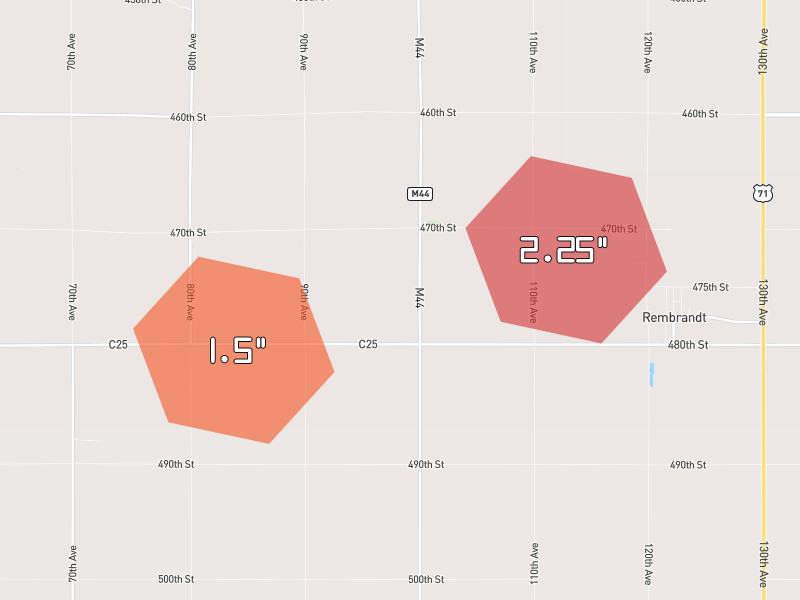 Hail map of Rembrandt, IA on Jun 28, 2026, hail up to 2.25"