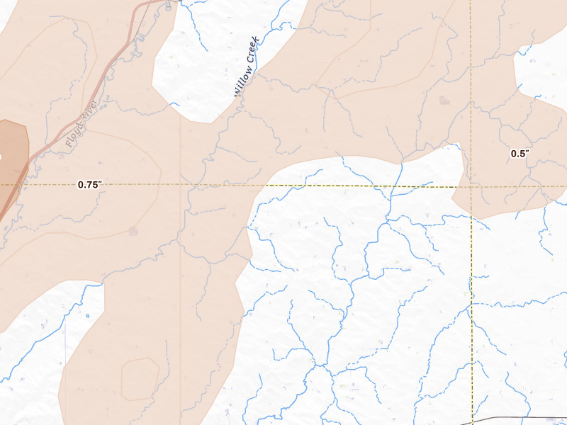 Radar-estimated hail-size map of the storm over Remsen, IA on May 17, 2026