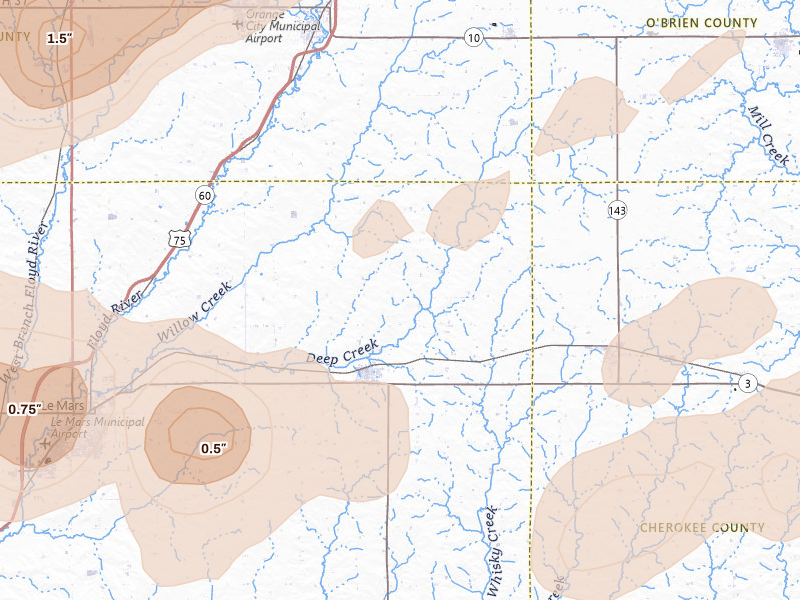 Radar-estimated hail-size map of the storm over Remsen, IA on Sep 1, 2026