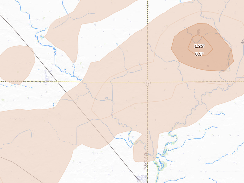 Radar-estimated hail-size map of the storm over Renwick, IA on Jul 2, 2026