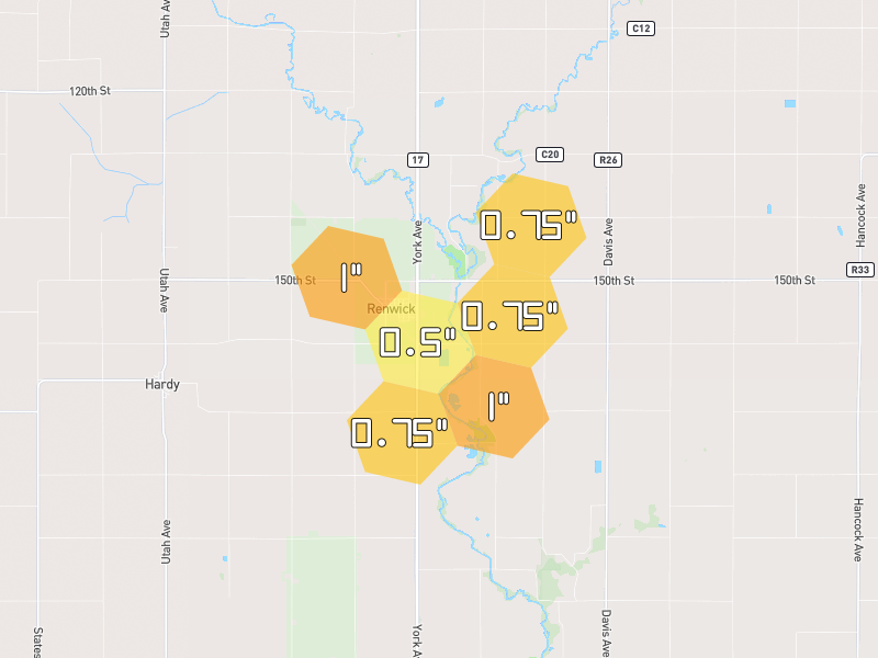 Hail map of Renwick, IA on Jul 2, 2026, hail up to 3.25"