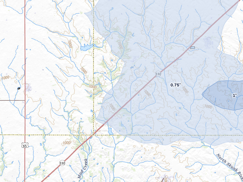 NEXRAD radar-signature map of the hail storm over Rhodes, IA on Mar 30, 2026