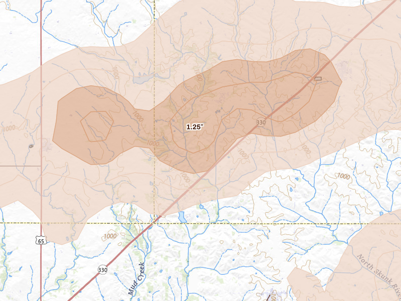 Radar-estimated hail-size map of the storm over Rhodes, IA