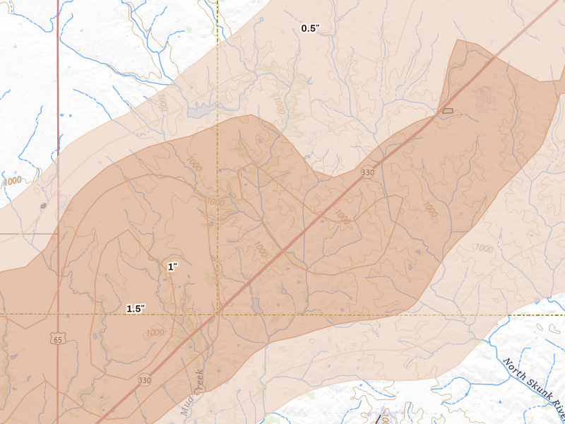 Radar-estimated hail-size map of the storm over Rhodes, IA on Apr 17, 2026