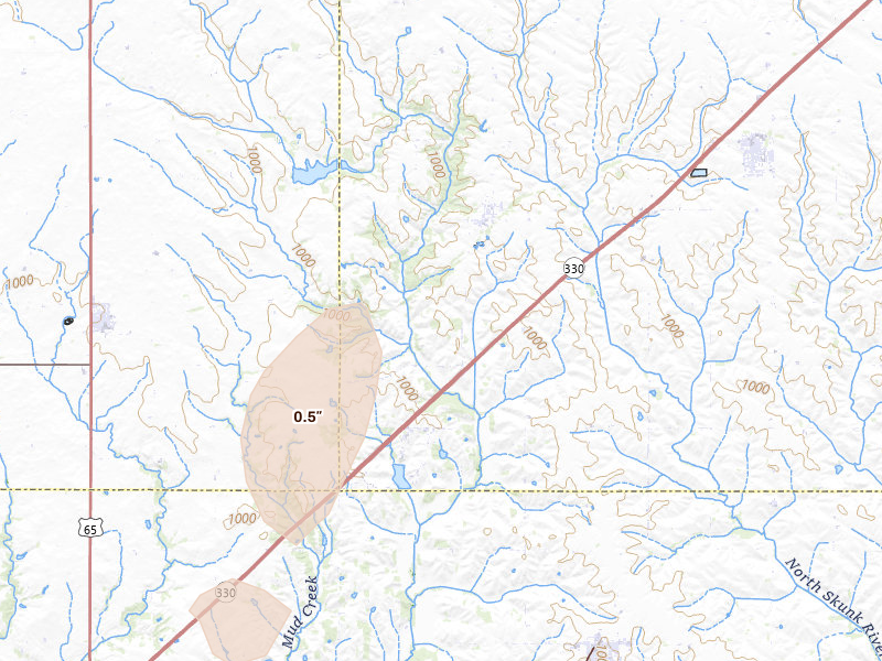 Radar-estimated hail-size map of the storm over Rhodes, IA on May 18, 2026