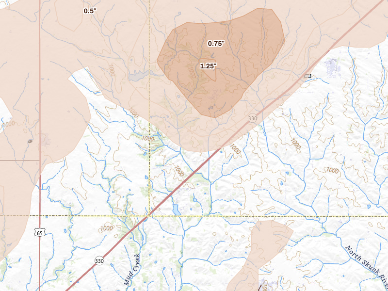 Radar-estimated hail-size map of the storm over Rhodes, IA on Jul 2, 2026