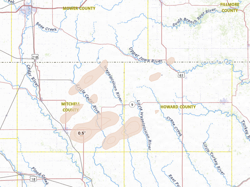 Radar-estimated hail-size map of the storm over Riceville, IA on Apr 17, 2026