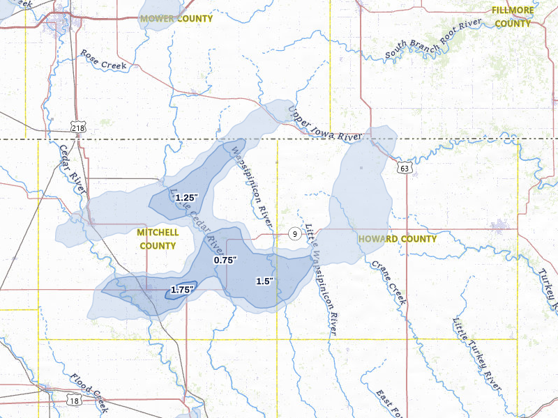 NEXRAD radar-signature map of the hail over Riceville, IA