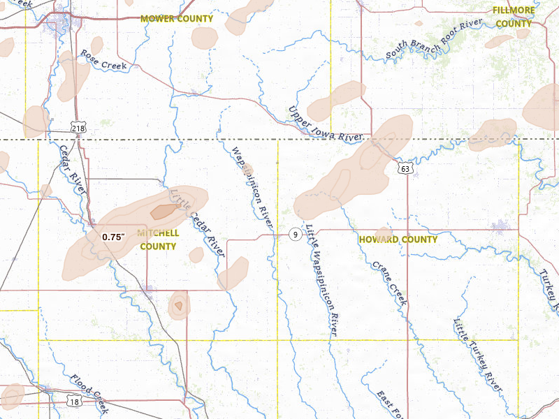 Radar-estimated hail-size map of the storm over Riceville, IA on Jul 1, 2026