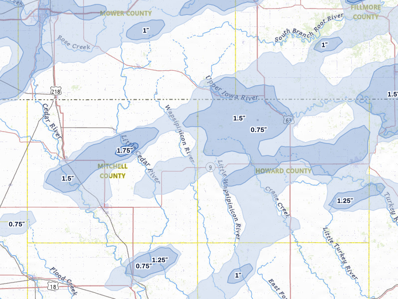 NEXRAD radar-signature map of the hail storm over Riceville, IA on Jul 1, 2026