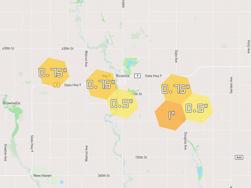 Hail map of Riceville, IA on Jul 1, 2026, hail up to 1"