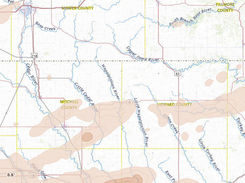 Radar-estimated hail-size map of the storm over Riceville, IA on Jul 2, 2026
