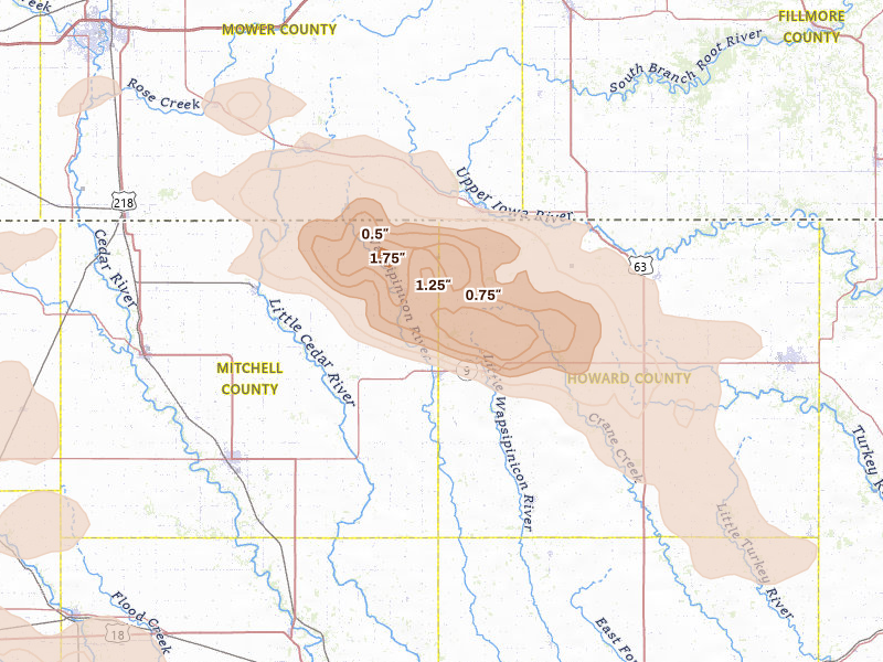 Radar-estimated hail-size map of the storm over Riceville, IA on Jul 8, 2026