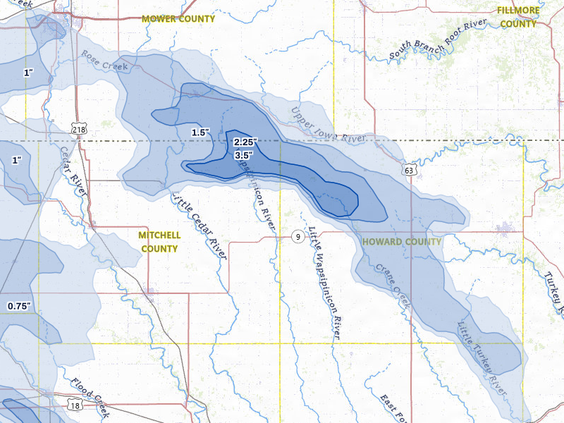 NEXRAD radar-signature map of the hail storm over Riceville, IA on Jul 8, 2026