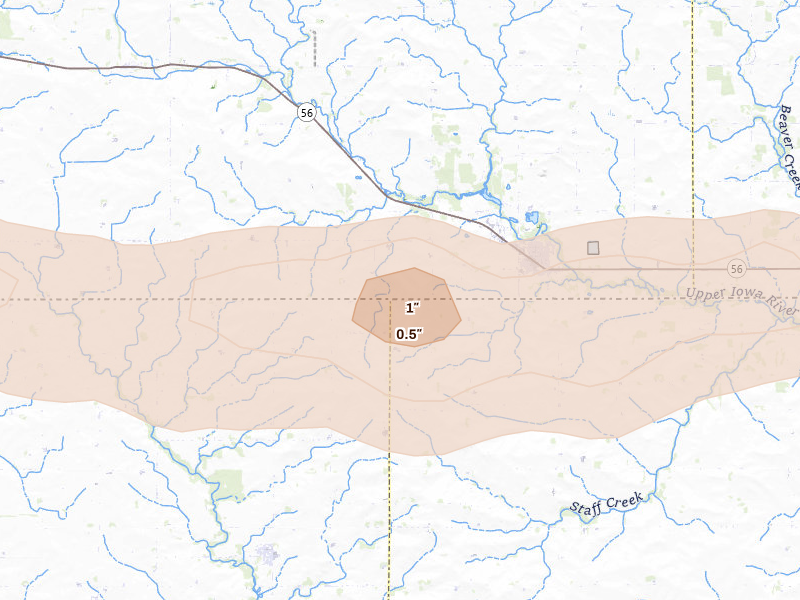 Radar-estimated hail-size map of the storm over Riceville, IA on Aug 20, 2026