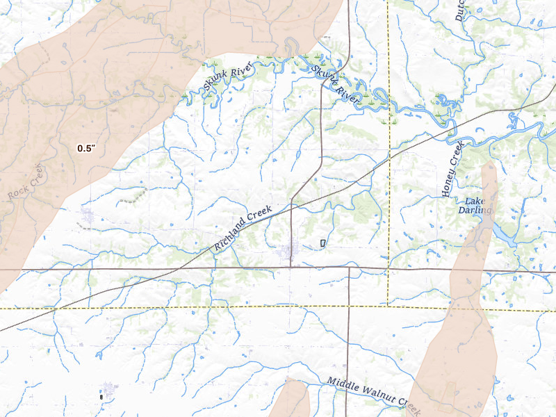 Radar-estimated hail-size map of the storm over Richland, IA on Apr 2, 2026