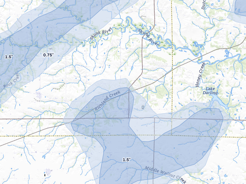 NEXRAD radar-signature map of the hail storm over Richland, IA on Apr 2, 2026