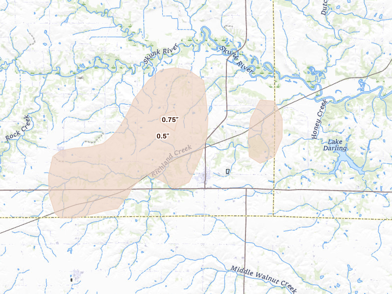 Radar-estimated hail-size map of the storm over Richland, IA on Jun 10, 2026