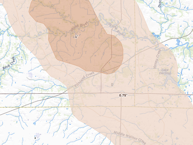 Radar-estimated hail-size map of the storm over Richland, IA on Jul 20, 2026