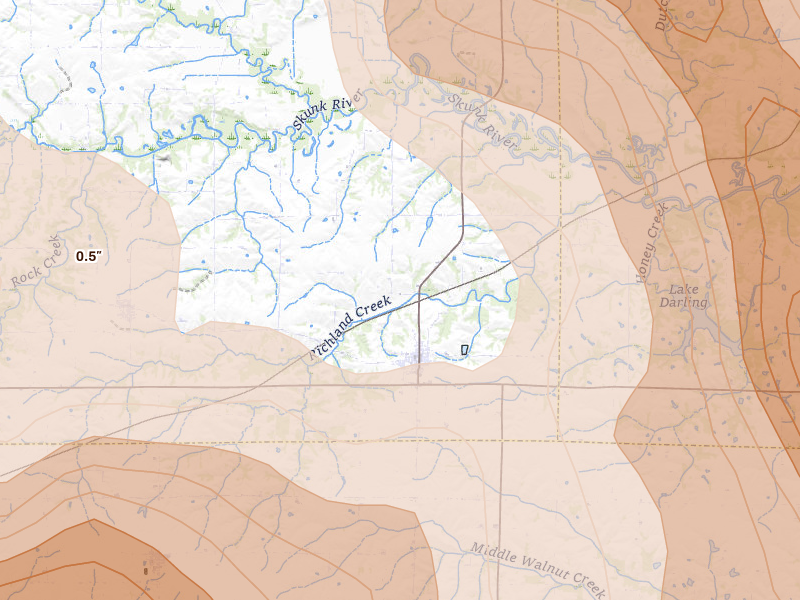 Radar-estimated hail-size map of the storm over Richland, IA on Aug 7, 2026